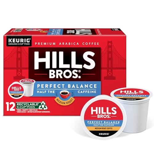 Hills Bros Perfect Balance K-Cup Pod on a Keurig brewer delivering a bright cup.