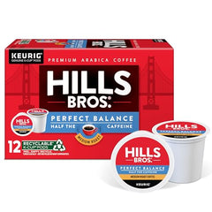 Hills Bros Perfect Balance K-Cup Pod on a Keurig brewer delivering a bright cup.