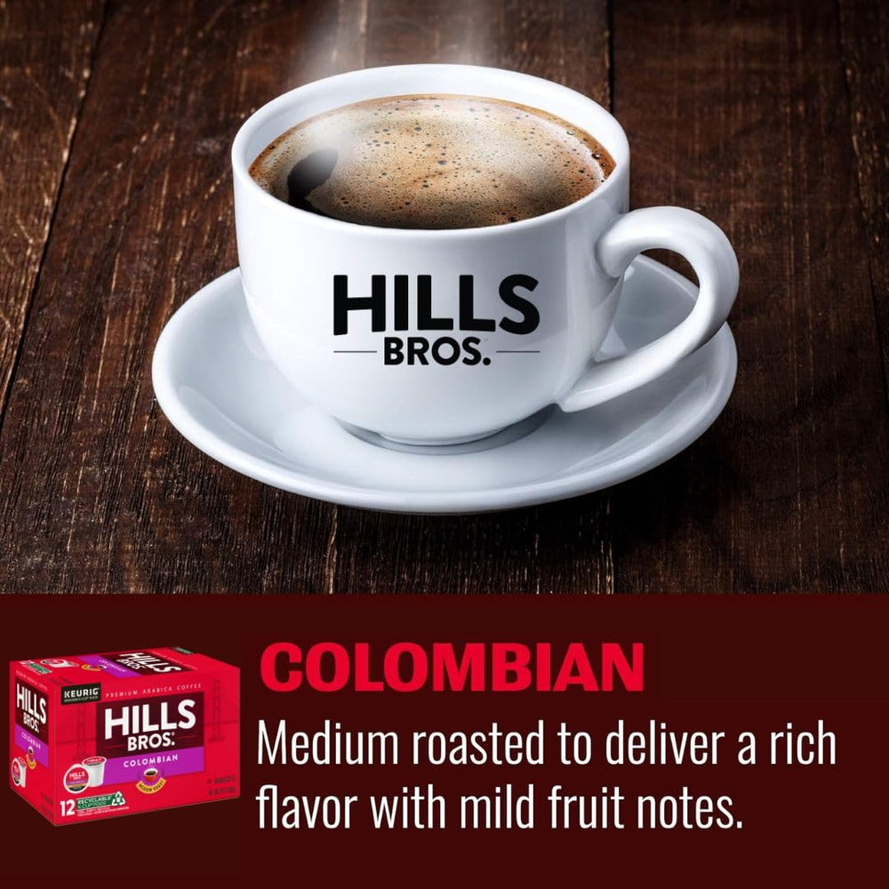 Hills Bros cup shows velvety crema and rich body.