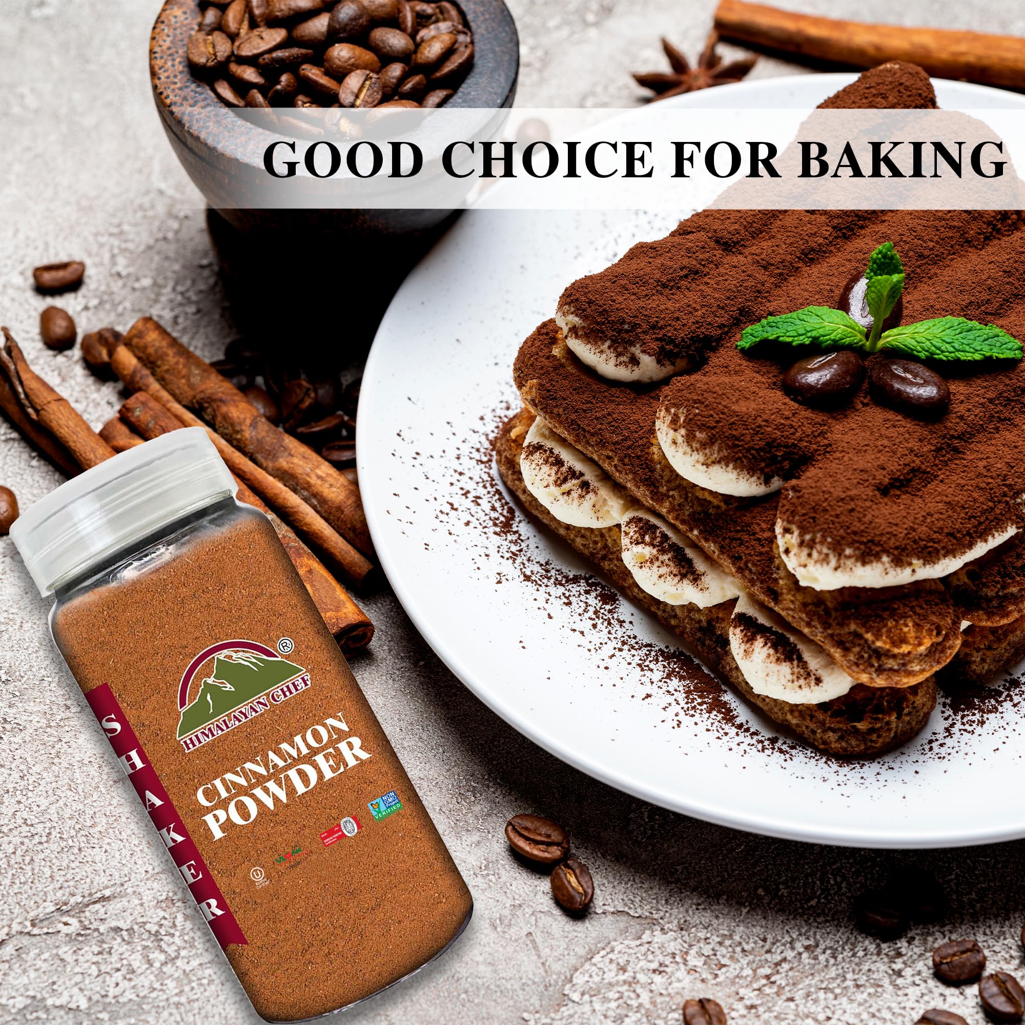 Closeup of Himalayan Chef cinnamon powder jar highlighting pure Ceylon quality