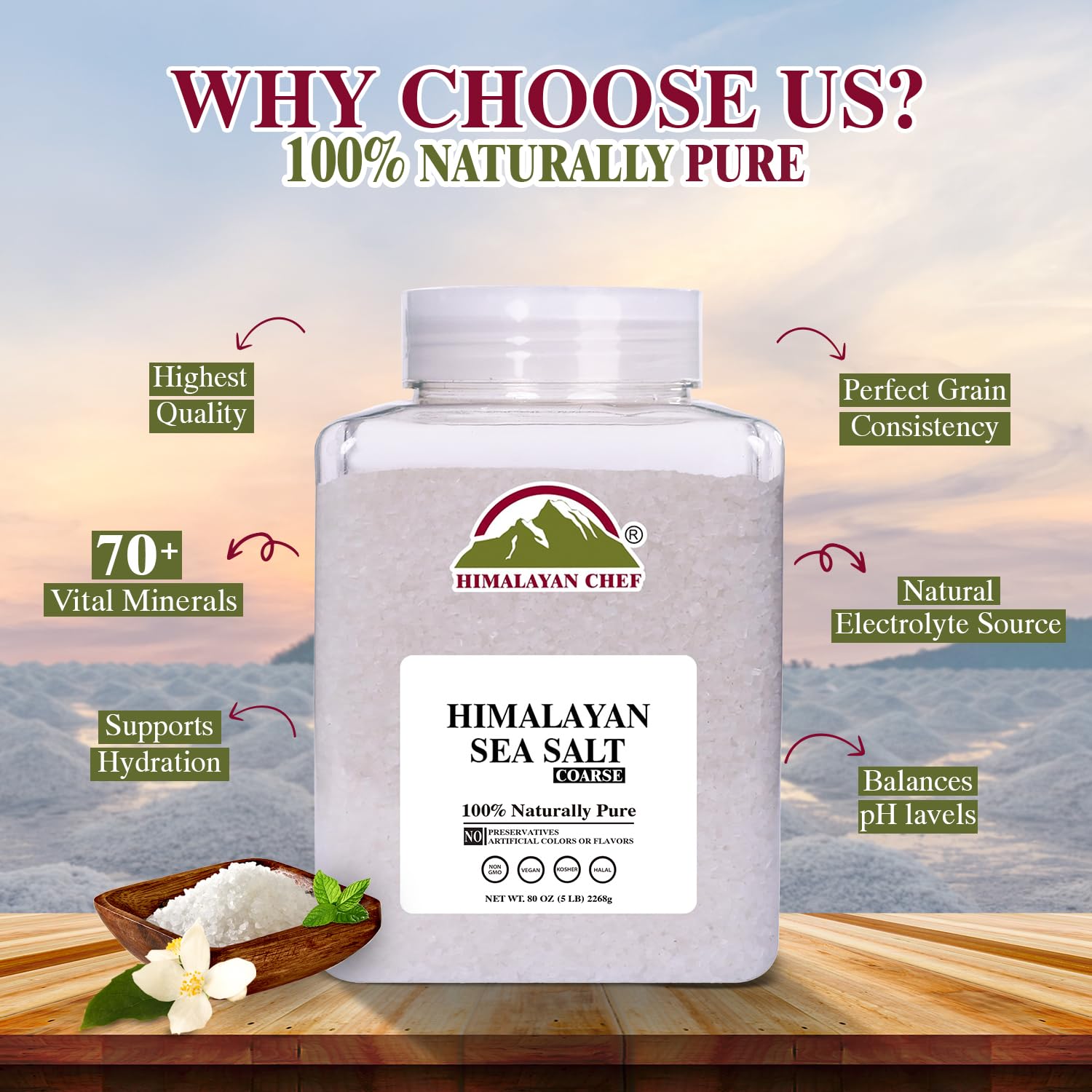 Himalayan Chef coarse salt grains on a surface for cooking.