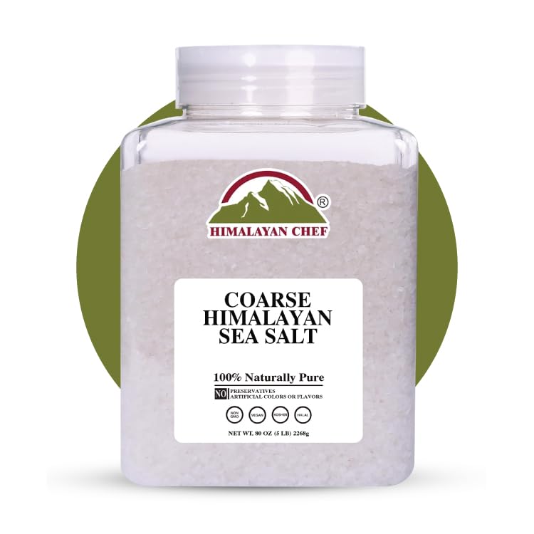 Himalayan Chef coarse salt jar on kitchen shelf for pantry organization.