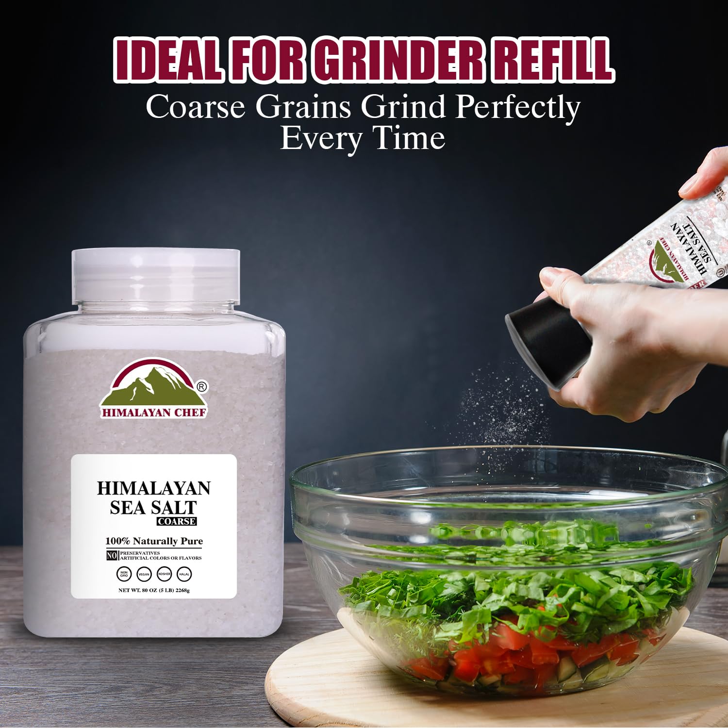 Himalayan Chef coarse salt grinder refill for easy seasoning.