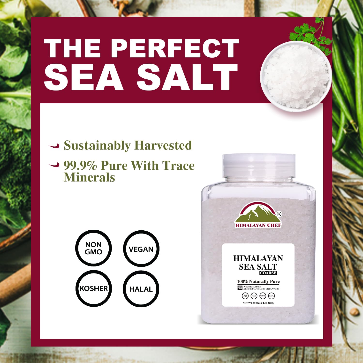 Himalayan Chef coarse salt jar sits on kitchen counter, ready to season.