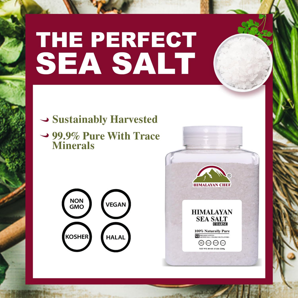 Himalayan Chef coarse salt jar sits on kitchen counter, ready to season.