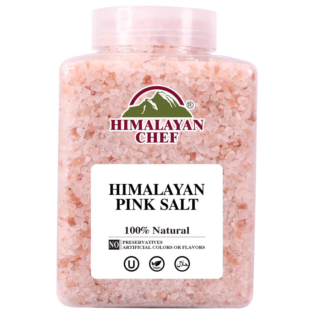 Himalayan Chef pink salt coarse grains in a jar for seasoning.
