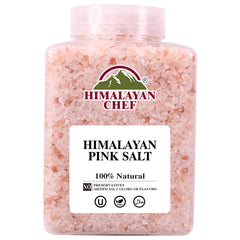 Himalayan Chef pink salt coarse grains in a jar for seasoning.