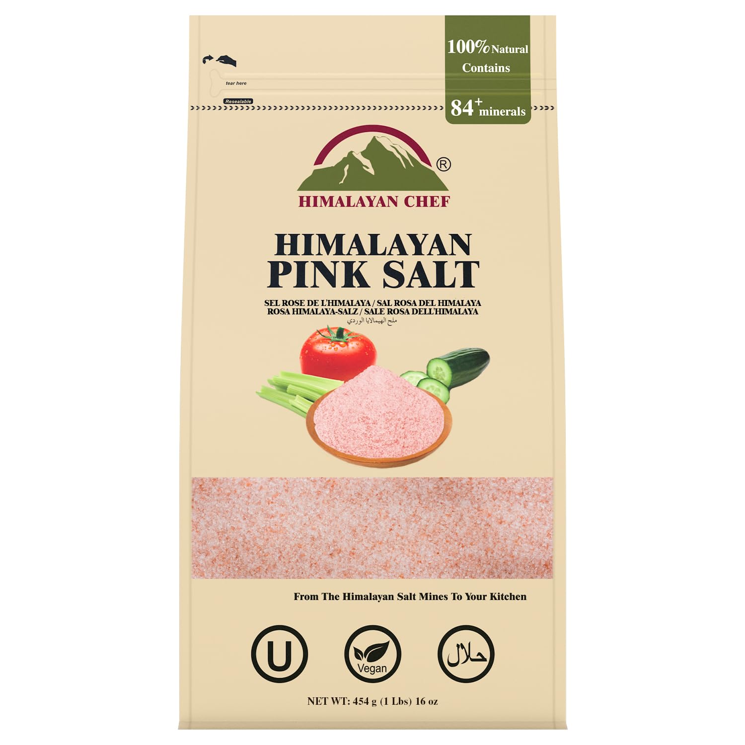 Himalayan Chef pink salt fine grain bottle for cooking and everyday seasoning.