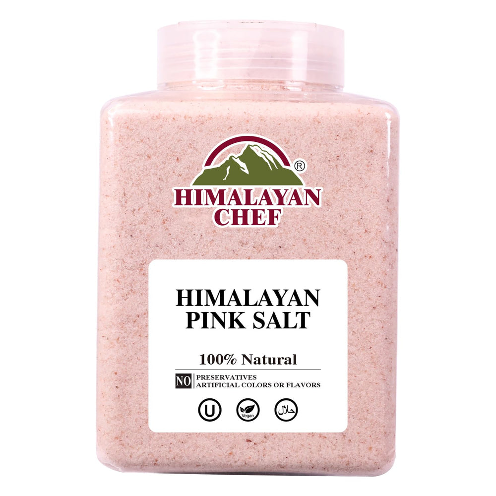 Himalayan Chef Pink Salt fine grain jar displays natural mineral-rich crystals for cooking.