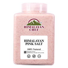 Himalayan Chef Pink Salt fine grain jar displays natural mineral-rich crystals for cooking.