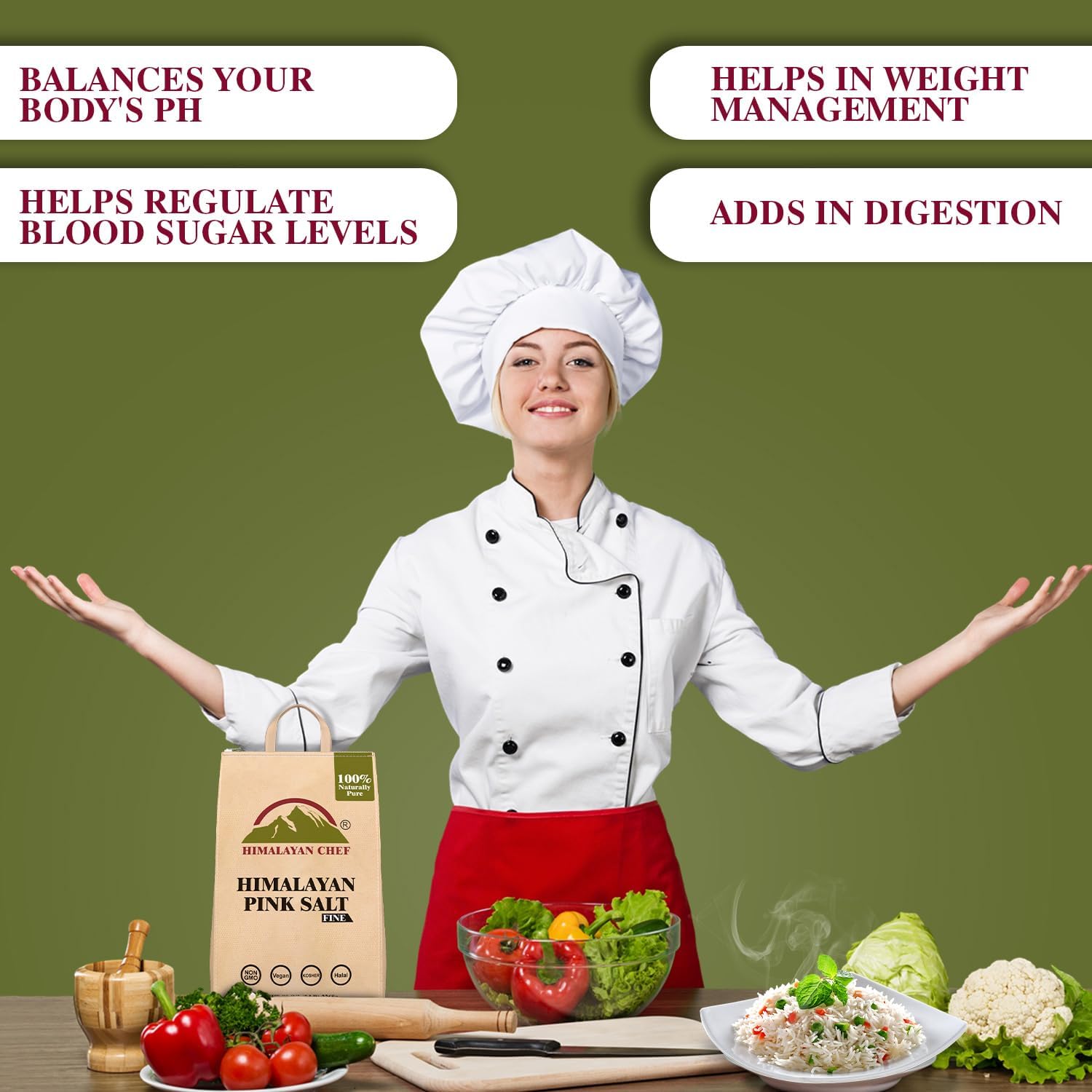 Himalayan Chef Pink Salt mineral-rich crystals suitable as sea salt substitute.