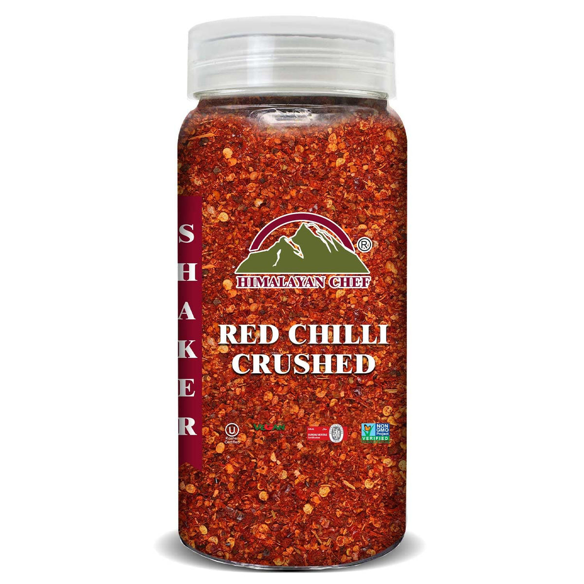 Himalayan Chef red crushed pepper flakes in shaker for enhanced flavor.