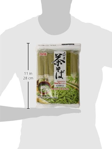 Hime Cha Soba closeup shows buckwheat and tea infusion for flavor.