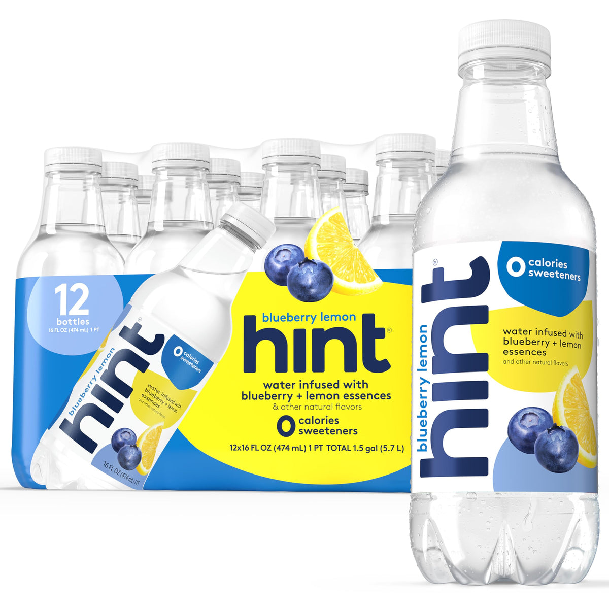 Hint Blueberry Lemon bottle front view highlights zero-calorie flavor for fresh hydration