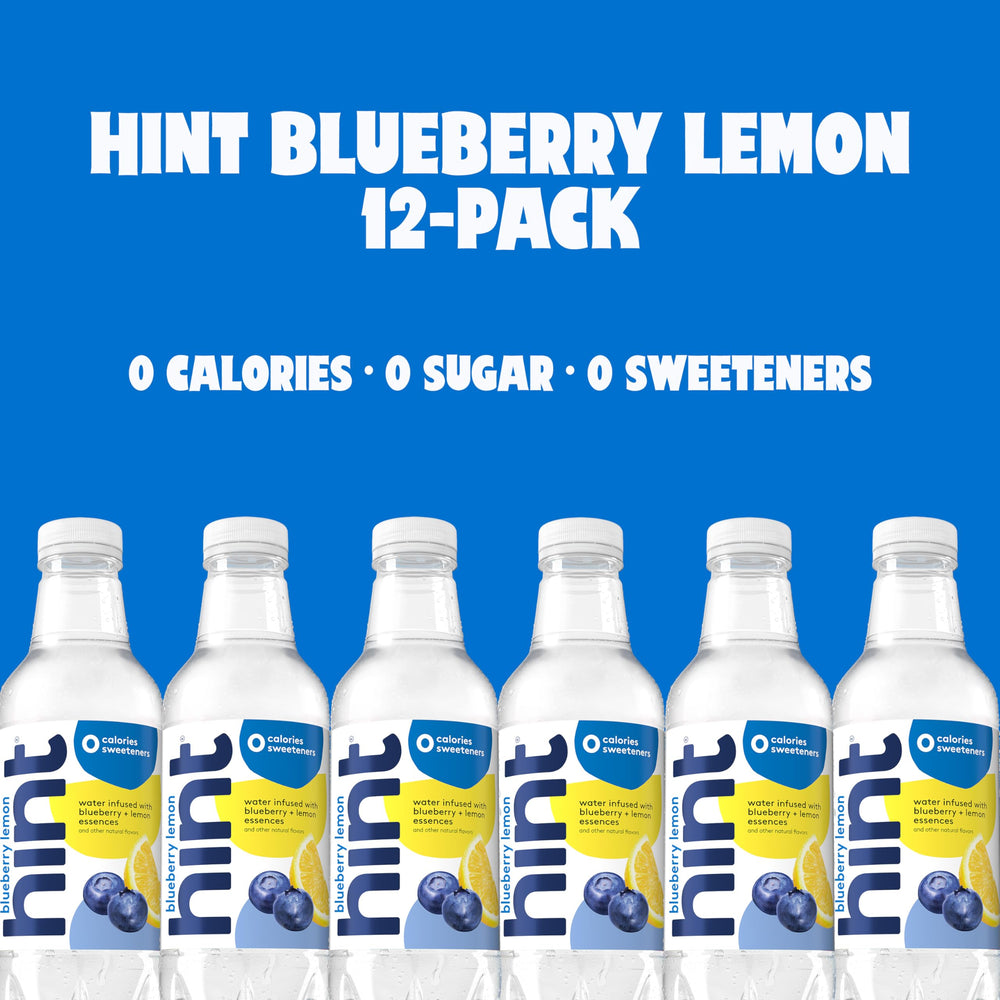 Hint Blueberry Lemon pack shot showcases 12-pack convenience for on-the-go hydration