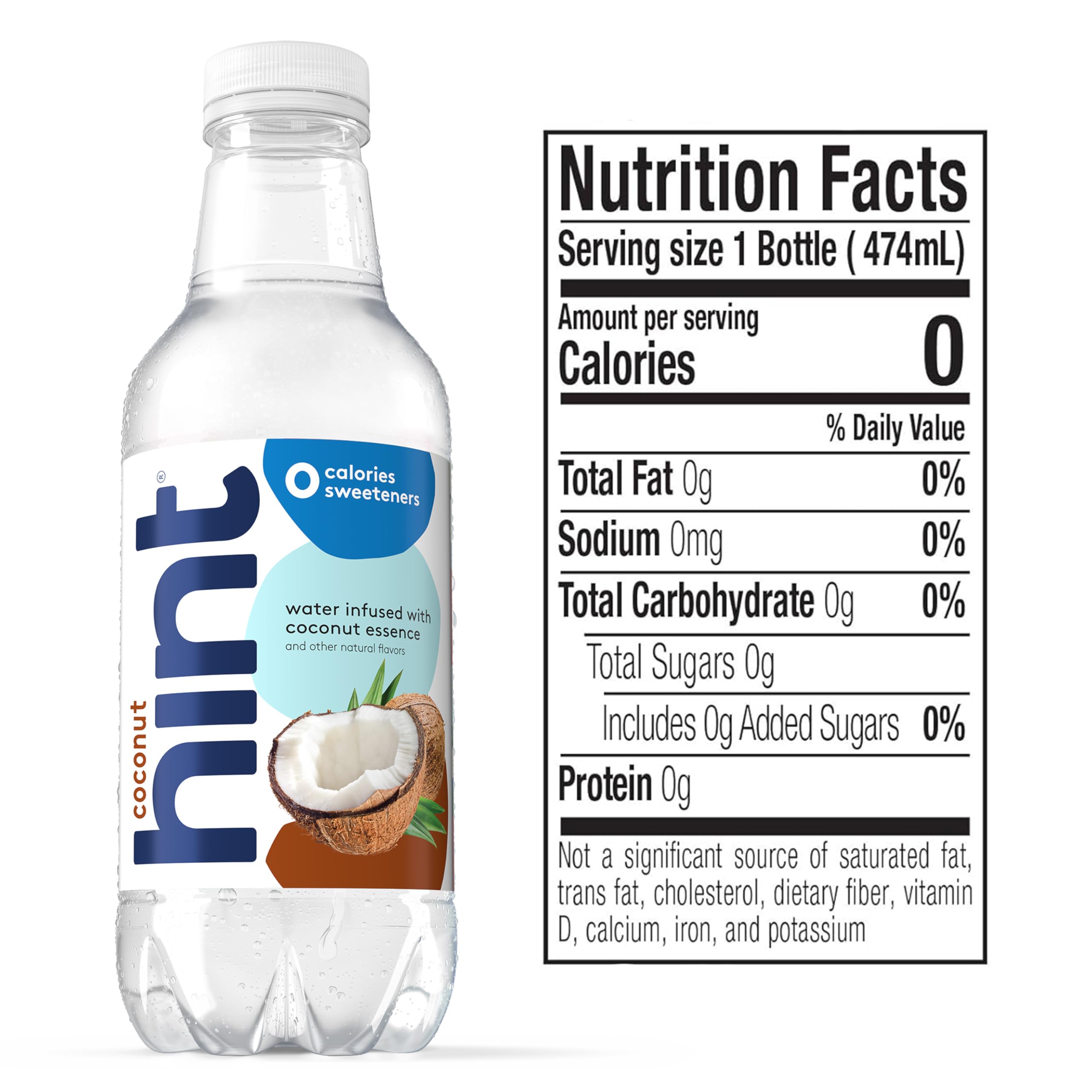Hint coconut-flavor bottle close-up with real fruit essences for clean taste.