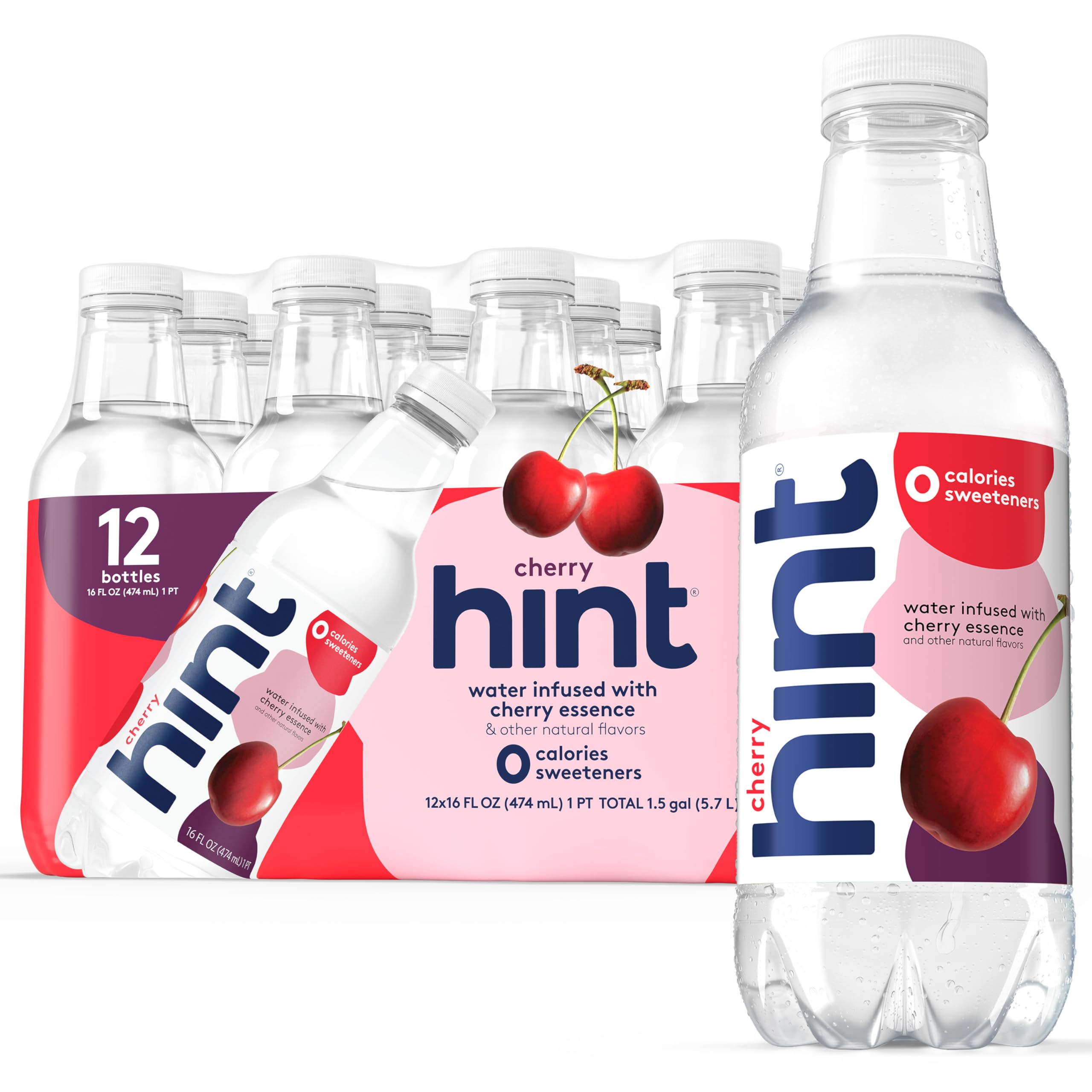 Hint Cherry flavored still water bottle on table, zero calorie hydration