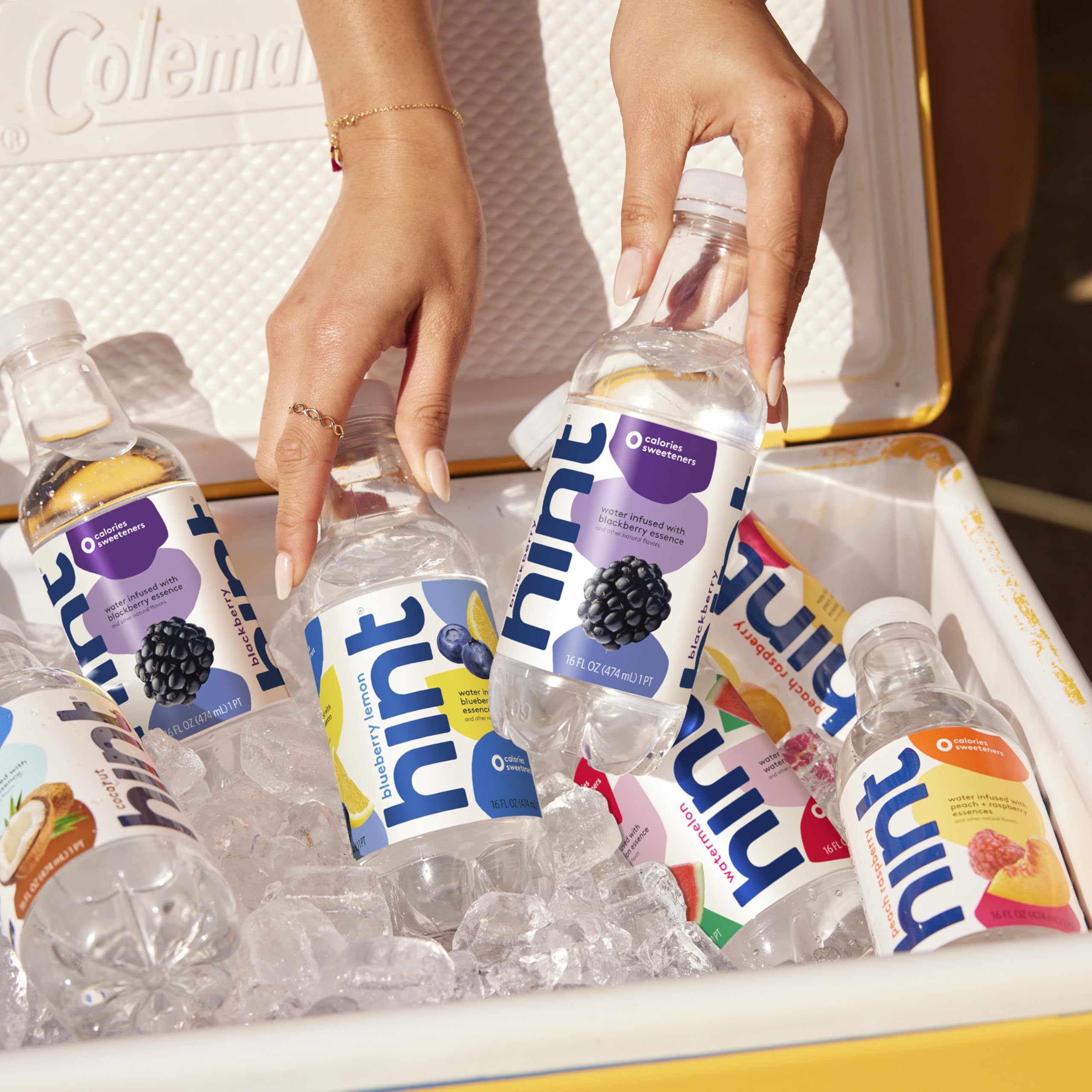 Hint Flavored water glass shot showcases crisp taste without sugar.
