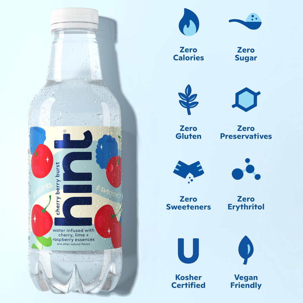 Hint fruit essences label highlights natural flavors without calories for a tasty, sugar-free sip.