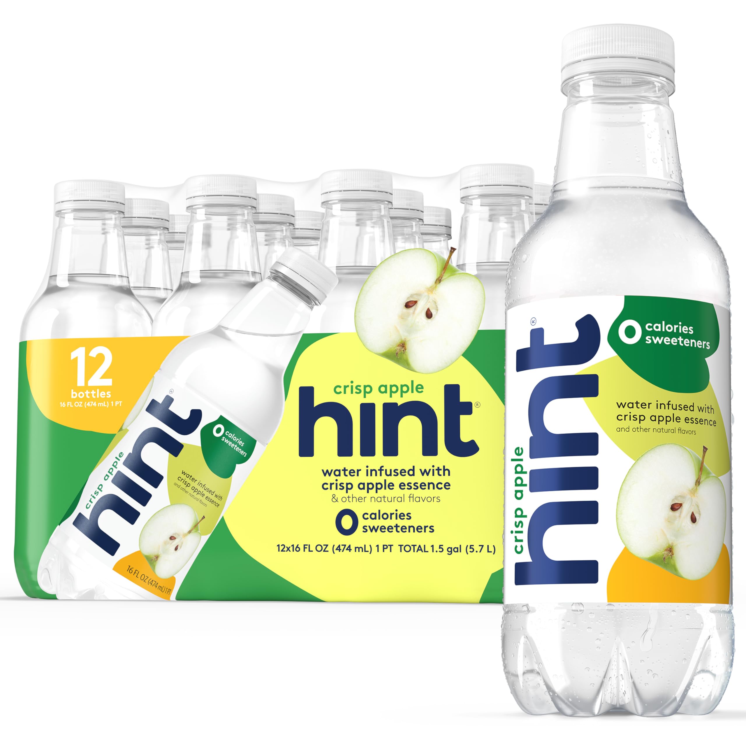 Hint fruit-infused bottled water Crisp Apple bottle demonstrates natural flavor without calories.