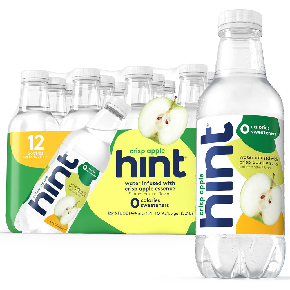 Hint fruit-infused bottled water Crisp Apple bottle demonstrates natural flavor without calories.
