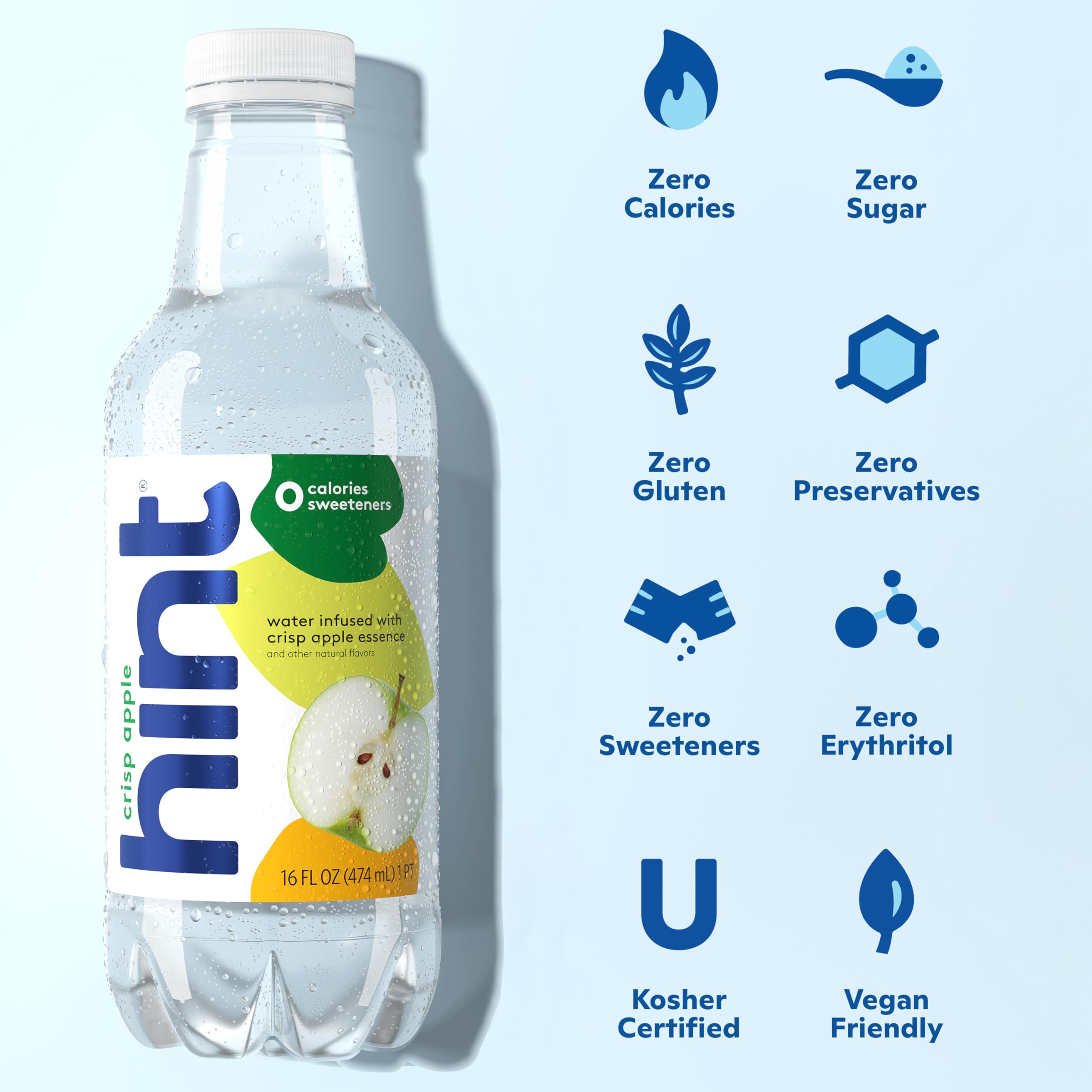 Hint still water Crisp Apple bottle emphasizes pure, unsweetened hydration.