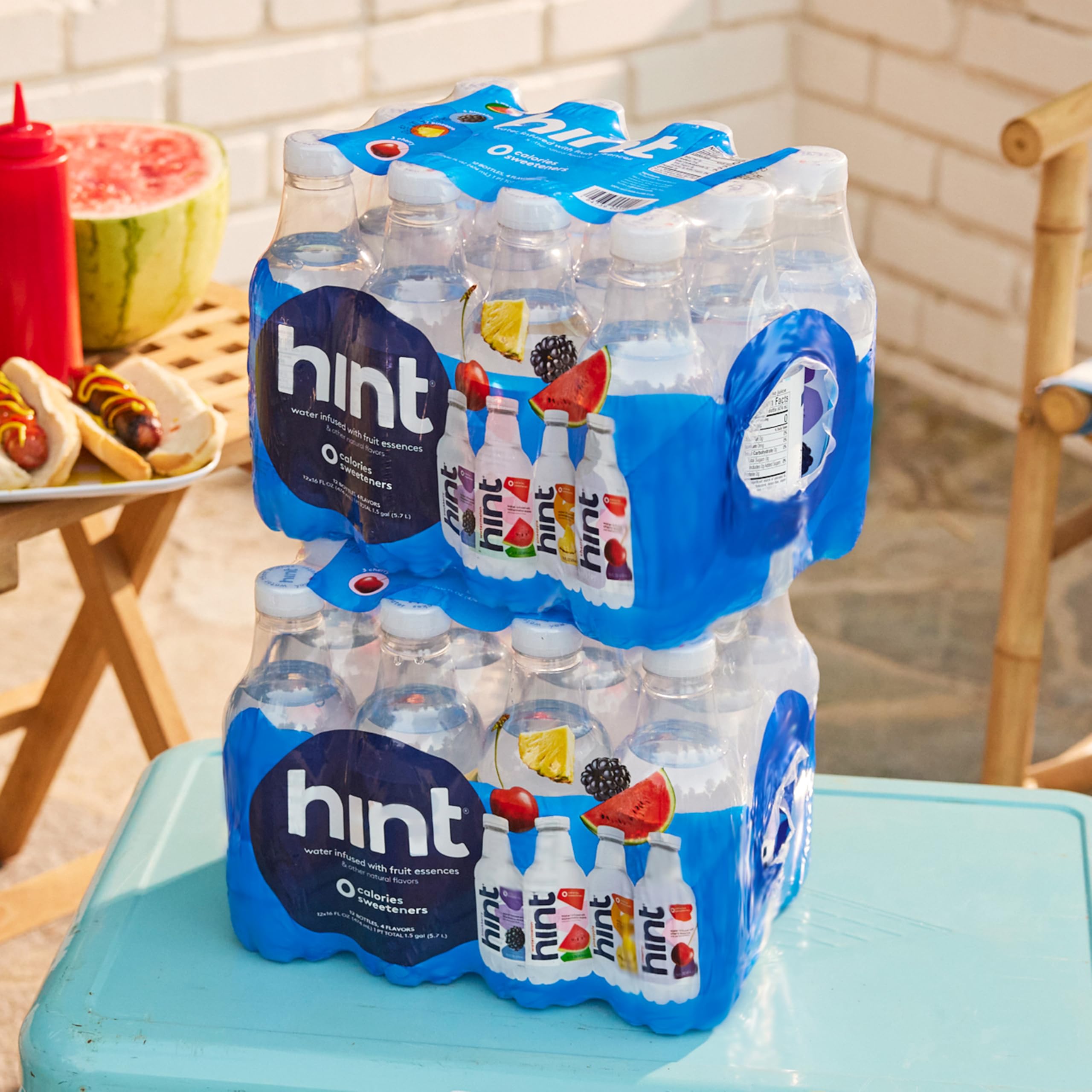 Hint Fruit-infused water bottle ingredients highlight natural essences for flavorful hydration.