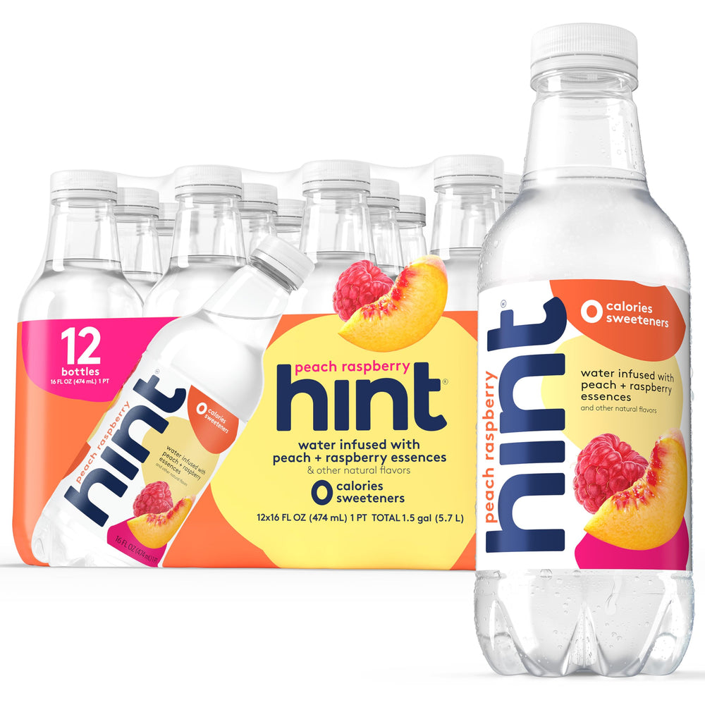 Hint Peach Raspberry fruit-infused water bottle close-up showing zero calories