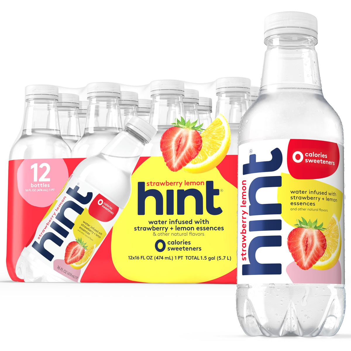 Hint Strawberry Lemon bottle reveals real fruit essences for zero-calorie hydration.