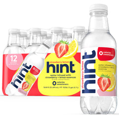 Hint Strawberry Lemon bottle reveals real fruit essences for zero-calorie hydration.
