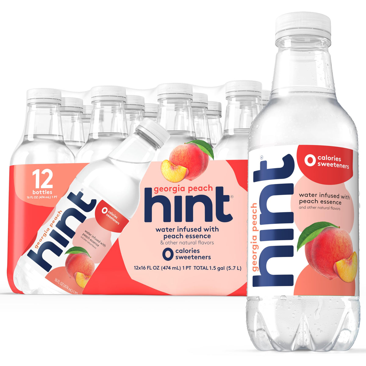 Hint Georgia Peach bottle front with zero-calorie refreshment from natural peach essence.