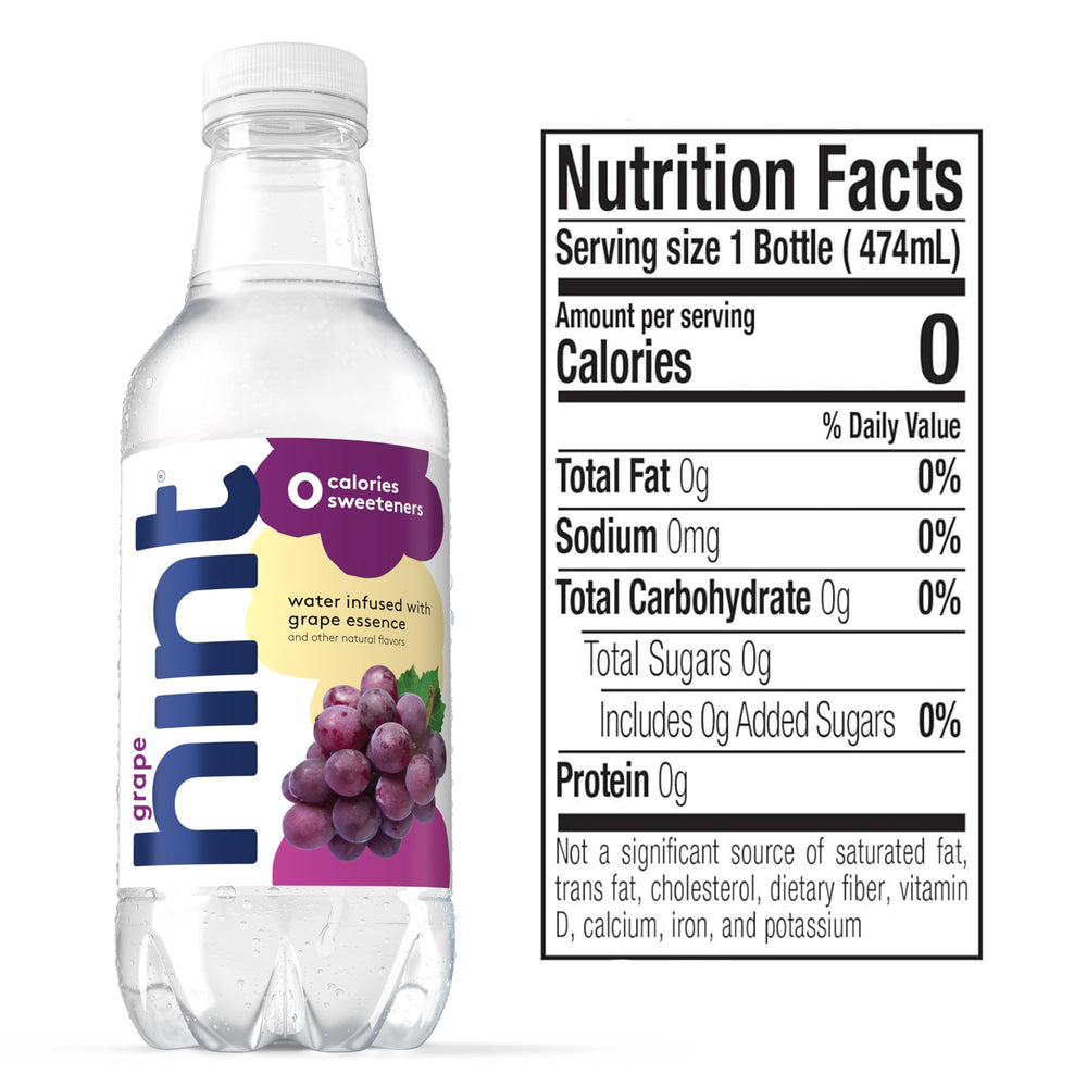 Hint Grape bottle side view highlights portable 16 oz hydration for on-the-go.