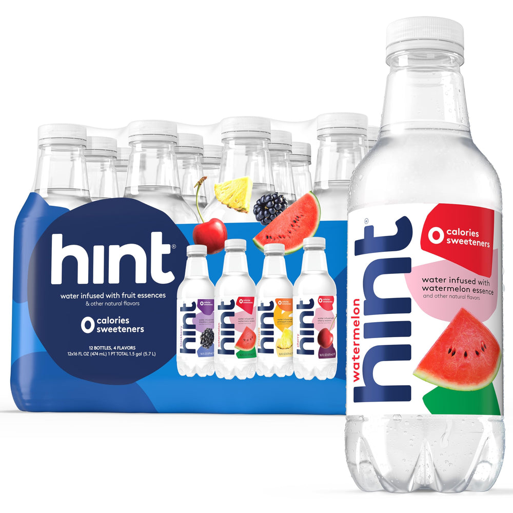 Hint Infused Bottled Water case display shows 12 bottles for easy daily hydration.