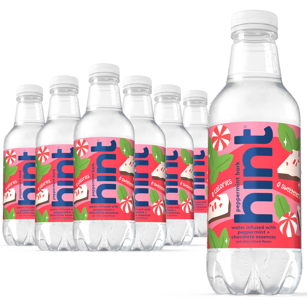 Hint Peppermint Bark still water bottle with crisp, natural flavor for hydration.