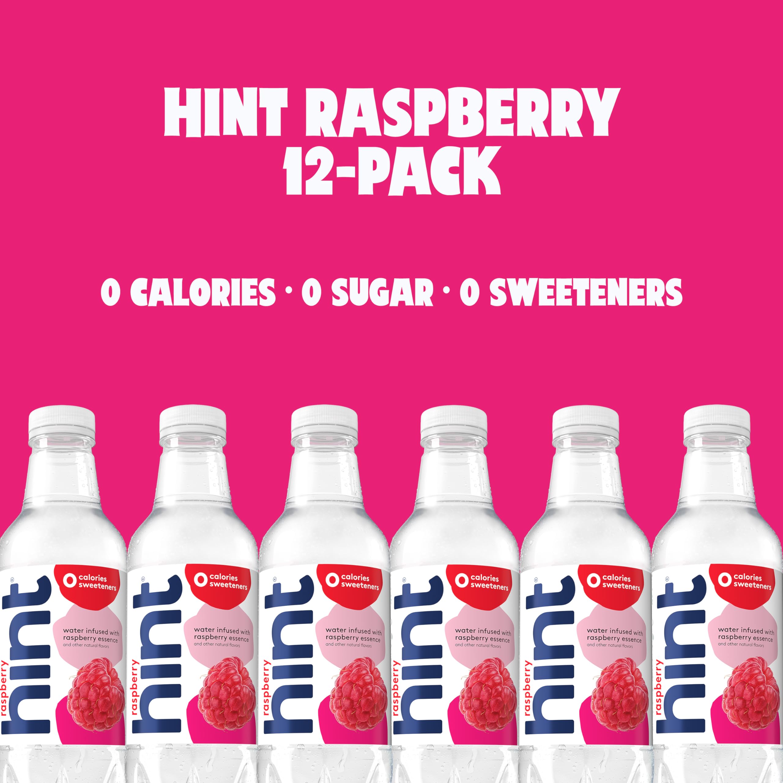 Close-up of raspberry fruit essence droplets in Hint bottle