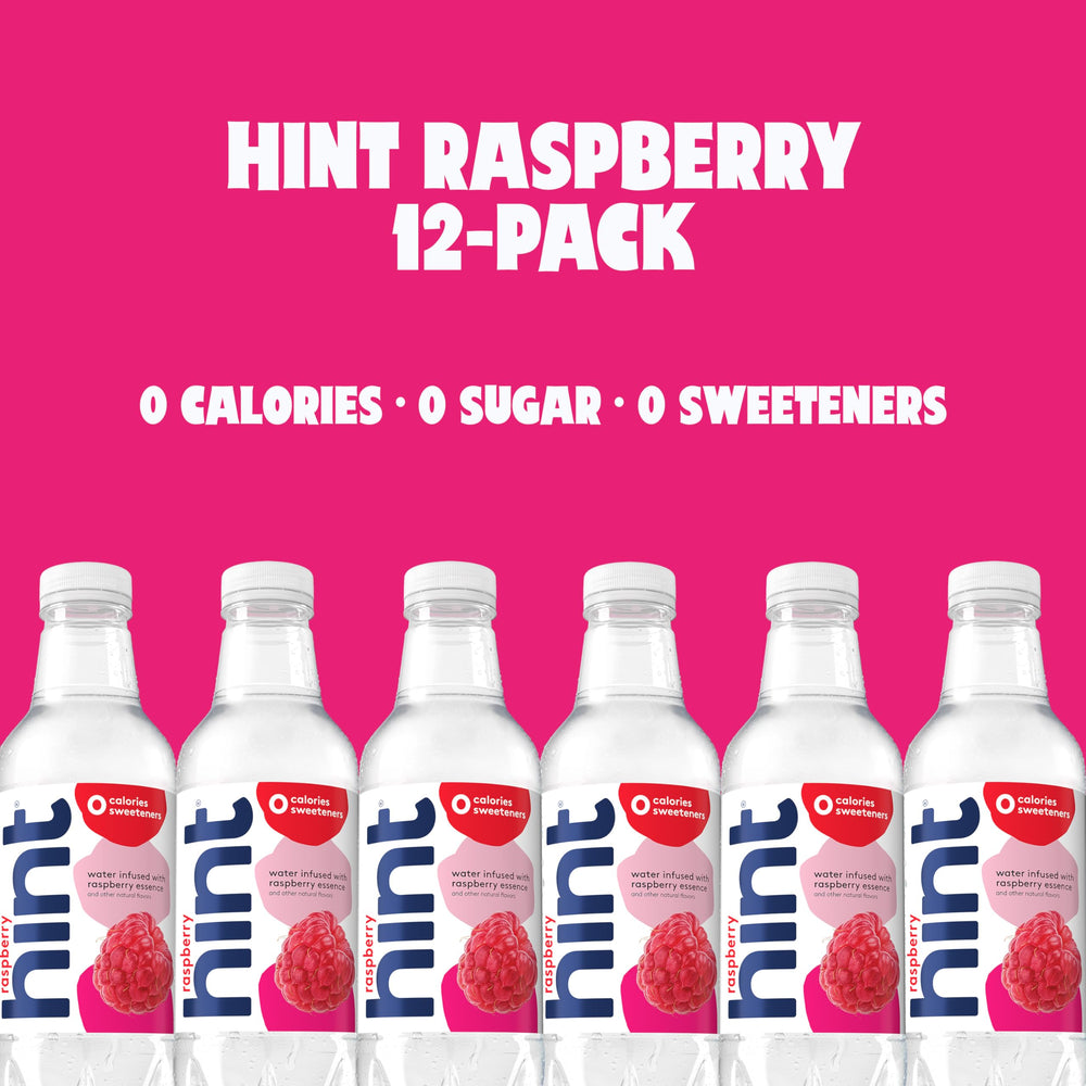 Close-up of raspberry fruit essence droplets in Hint bottle