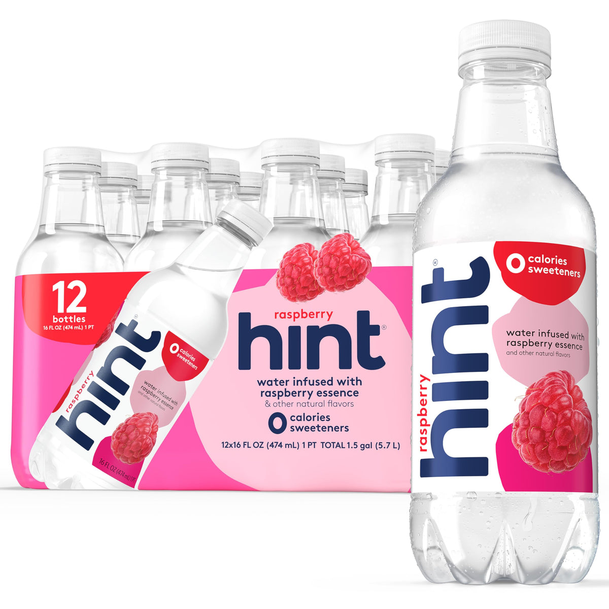 Hint Raspberry fruit-infused water bottle front with zero sugar label