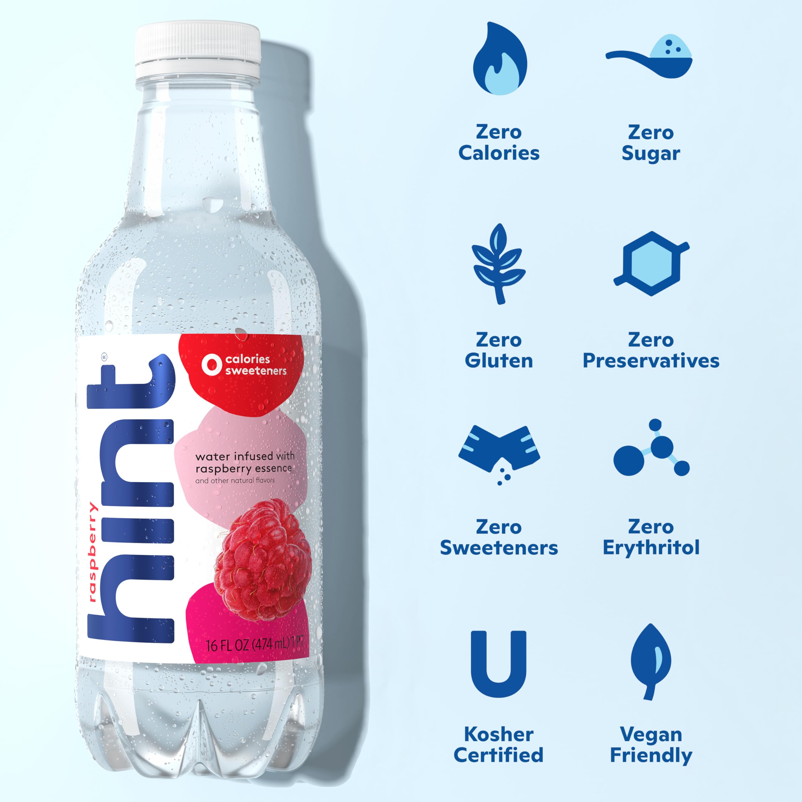 Hint Raspberry water label close-up showing vegan and kosher icons