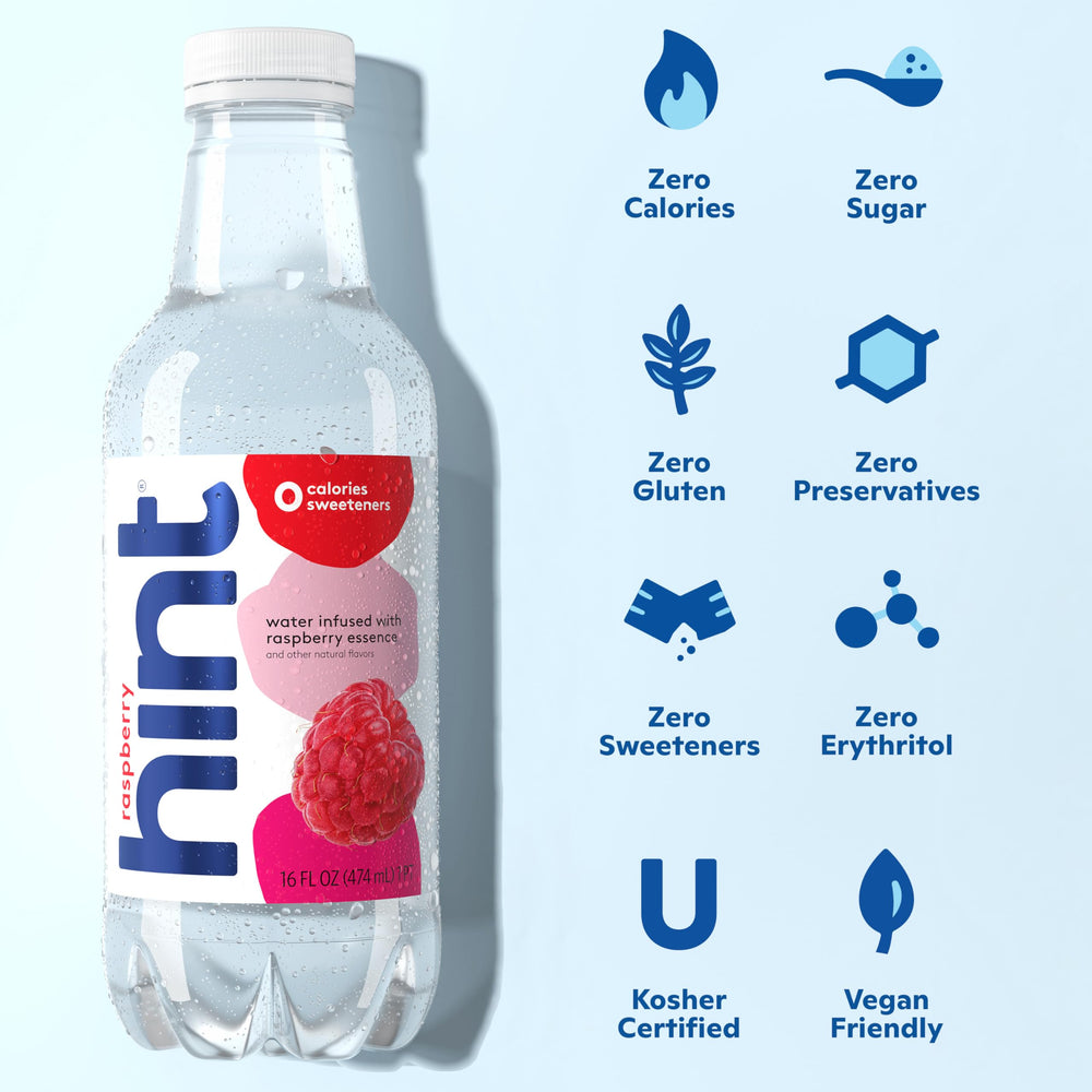Hint Raspberry water label close-up showing vegan and kosher icons