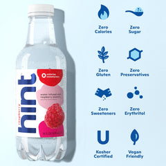 Hint Raspberry water label close-up showing vegan and kosher icons