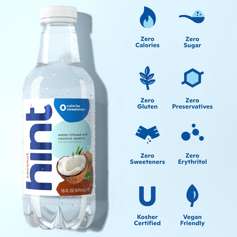 Hint still water with coconut aroma poured into glass for on-the-go hydration.