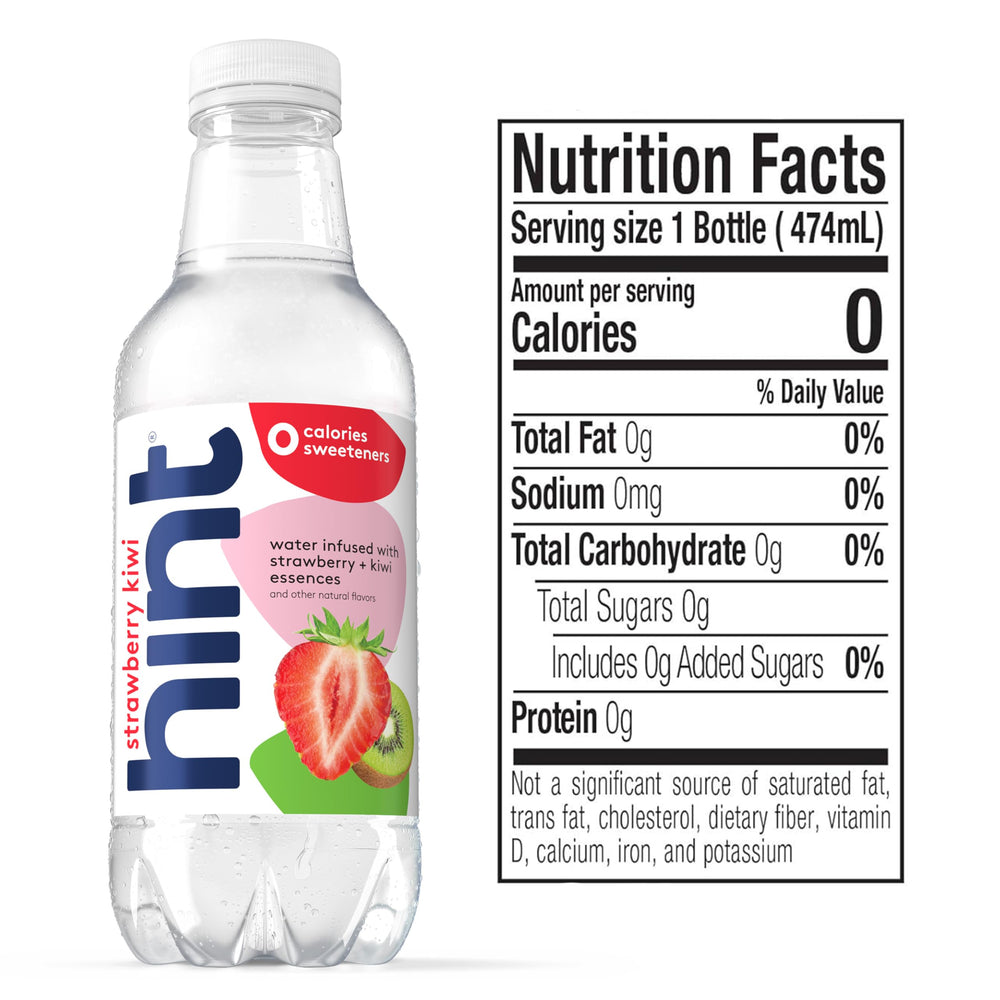 Close-up of Hint Strawberry Kiwi label with natural fruit essences