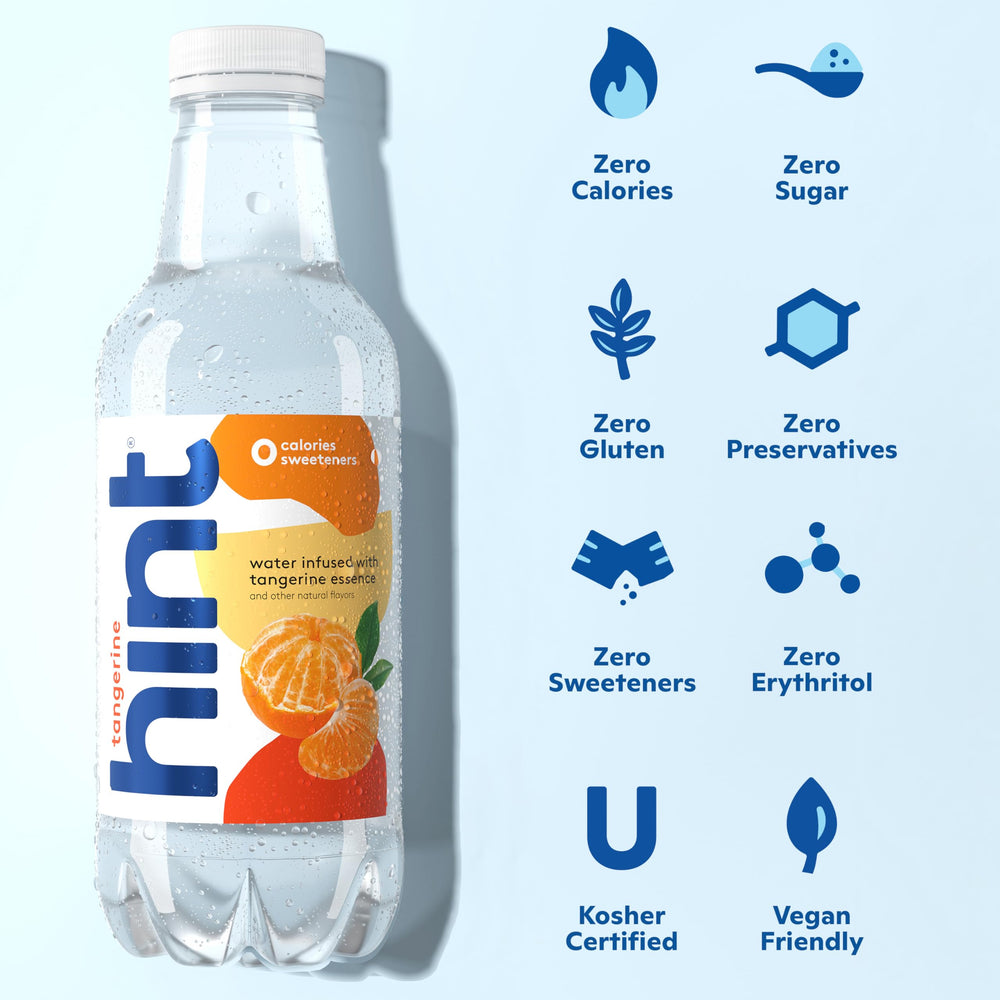 Close-up of Hint Tangerine water glass showing crisp citrus taste