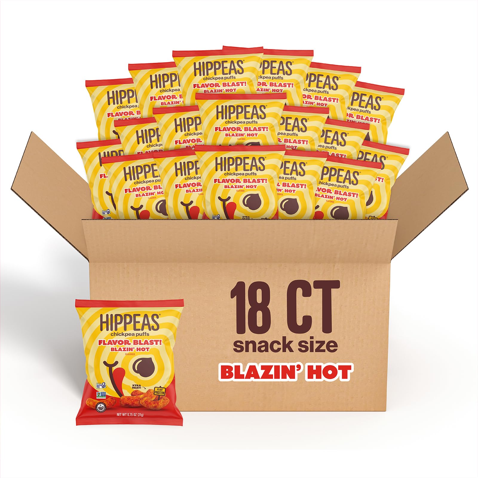HIPPEAS Blazin' Hot chickpea puffs bag close-up showing crispy texture for crunch