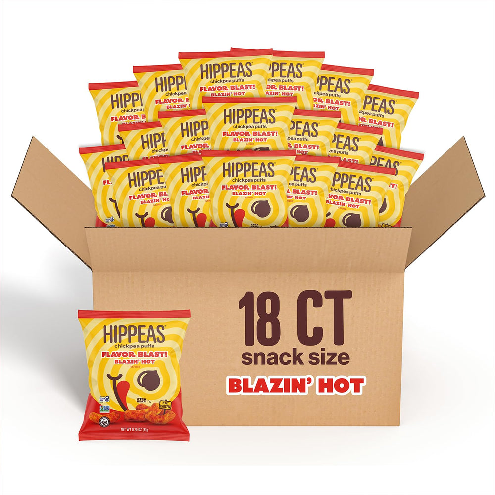 HIPPEAS Blazin' Hot chickpea puffs bag close-up showing crispy texture for crunch