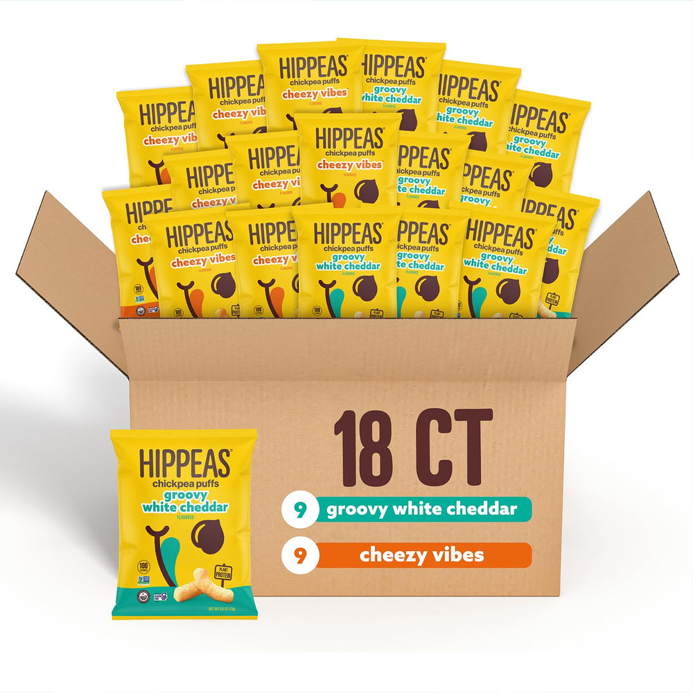HIPPEAS Cheeze White Cheddar puff bag ready for snacking