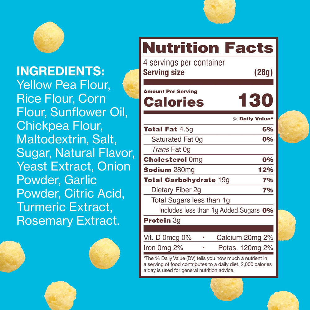 HIPPEAS Cheezy Cheddar Pops bags on shelf highlighting crunchy texture and bold cheddar flavor.