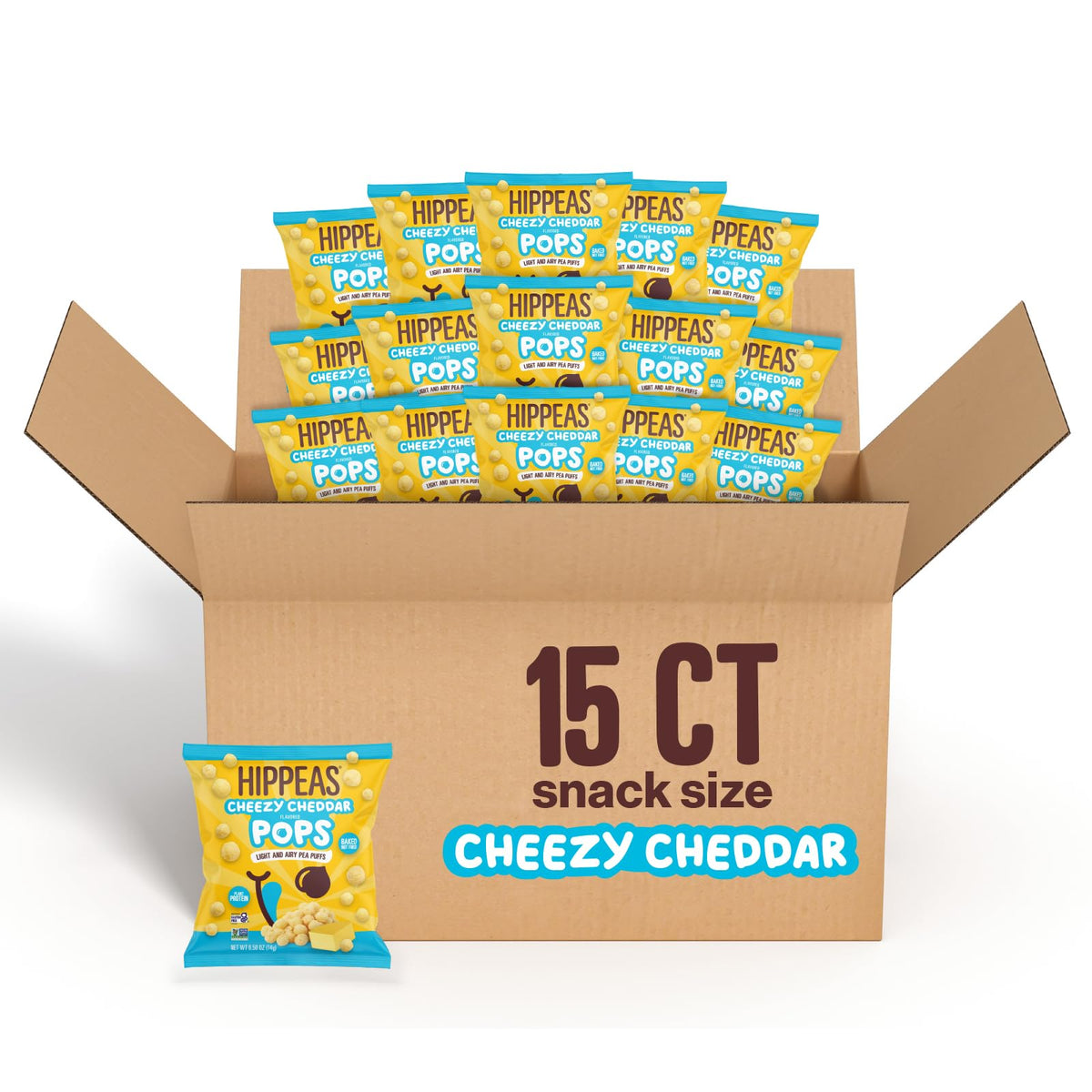 HIPPEAS Cheezy Cheddar Pops pack-front showcasing a protein-rich, plant-based snack for on-the-go enjoyment.