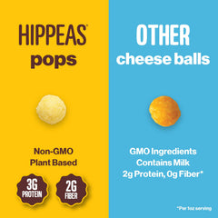 HIPPEAS Cheezy Cheddar Pops snack-portion image suggests convenient 0.5oz servings for travel.