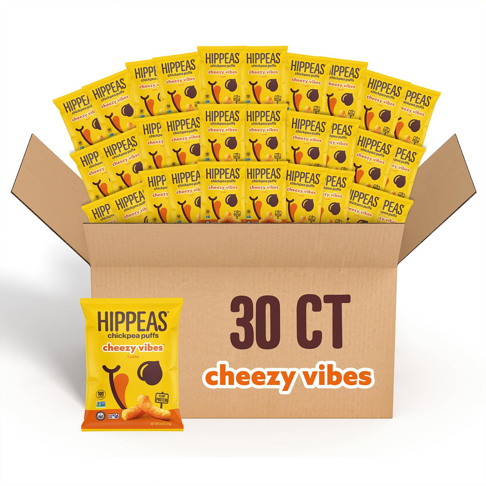 HIPPEAS Chickpea Puffs Cheezy Vibes bag with crunch, perfect for on-the-go snacking.